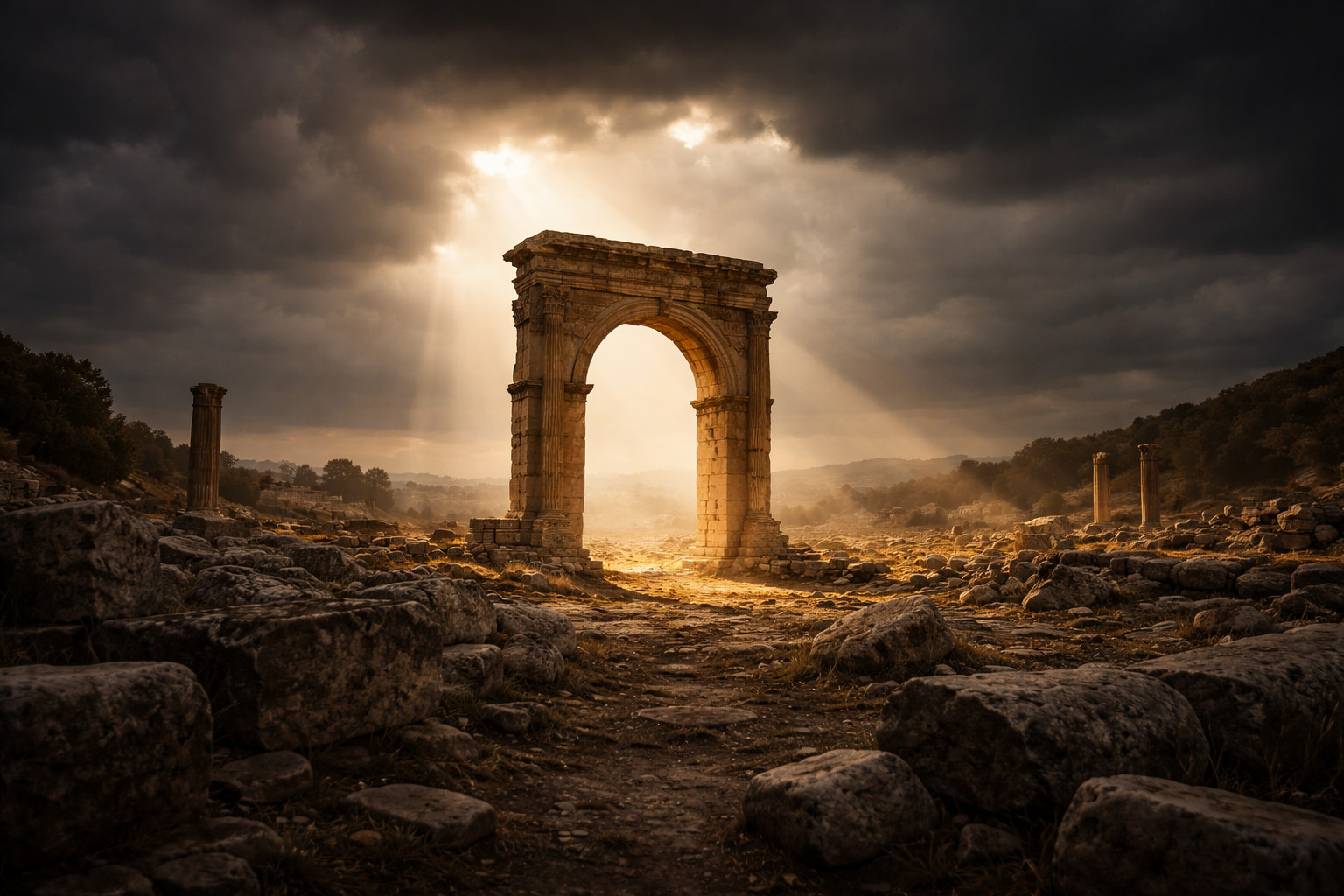 A single ancient stone archway stands intact amid fallen ruins under a dramatic stormy sky with a shaft of golden light breaking through