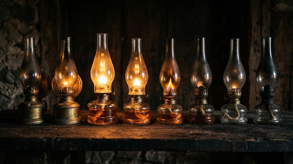 Five oil lamps burning brightly beside five that have gone dim — the parable of the ten virgins, Matthew 25:1–13